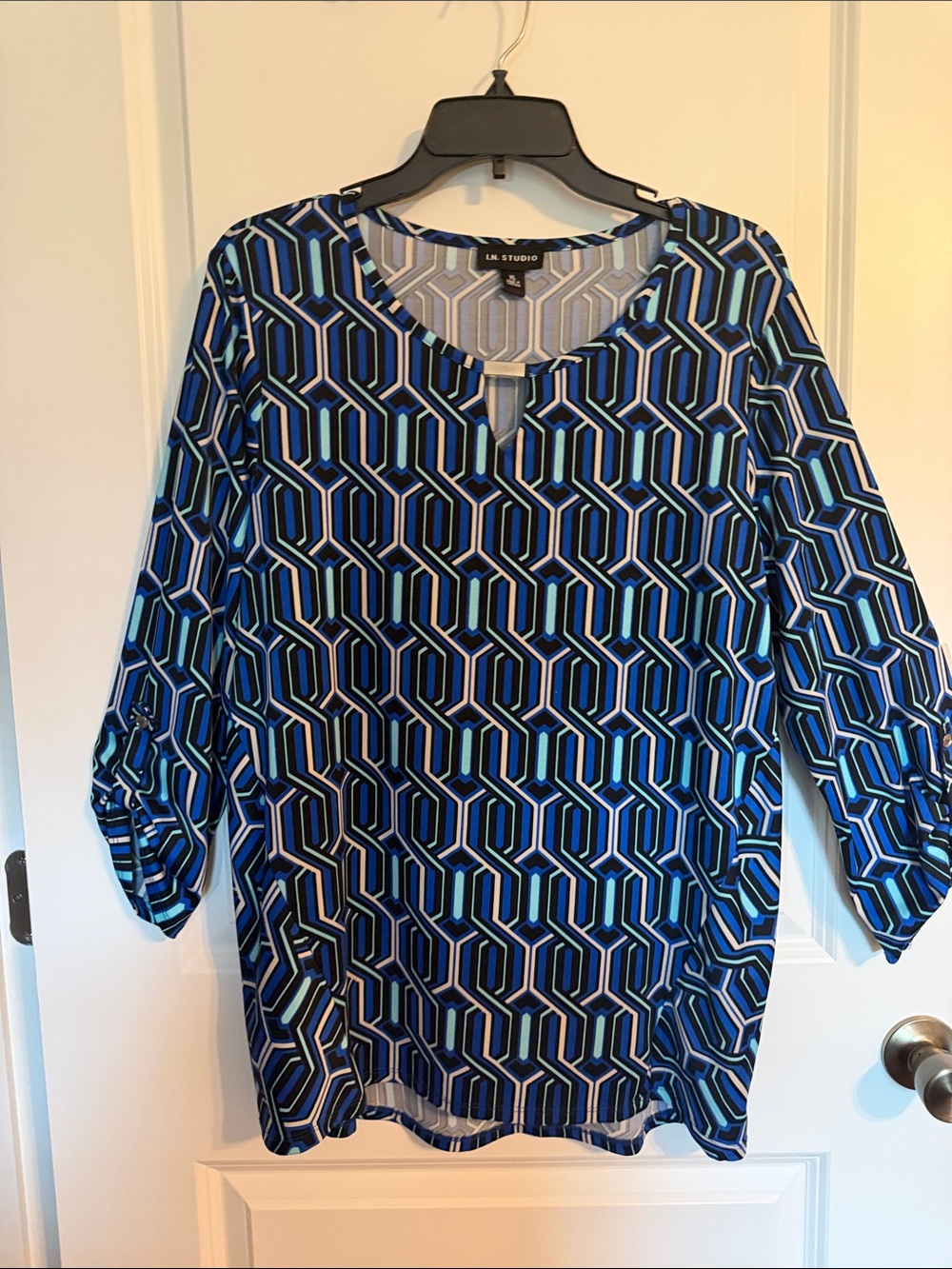 I.N. Studio Blue Geometric V-Neck Tunic
